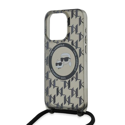 MagSafe hoesje voor Apple iPhone 15 Pro, Karl Lagerfeld, IML Crossbody Monogram Karl & Choupette's Heads, Zwart