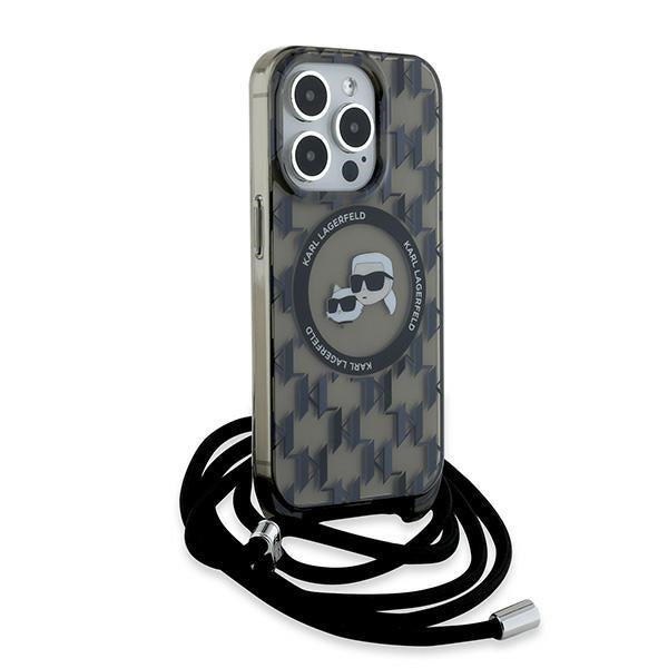MagSafe hoesje voor Apple iPhone 15 Pro, Karl Lagerfeld, IML Crossbody Monogram Karl & Choupette's Heads, Zwart