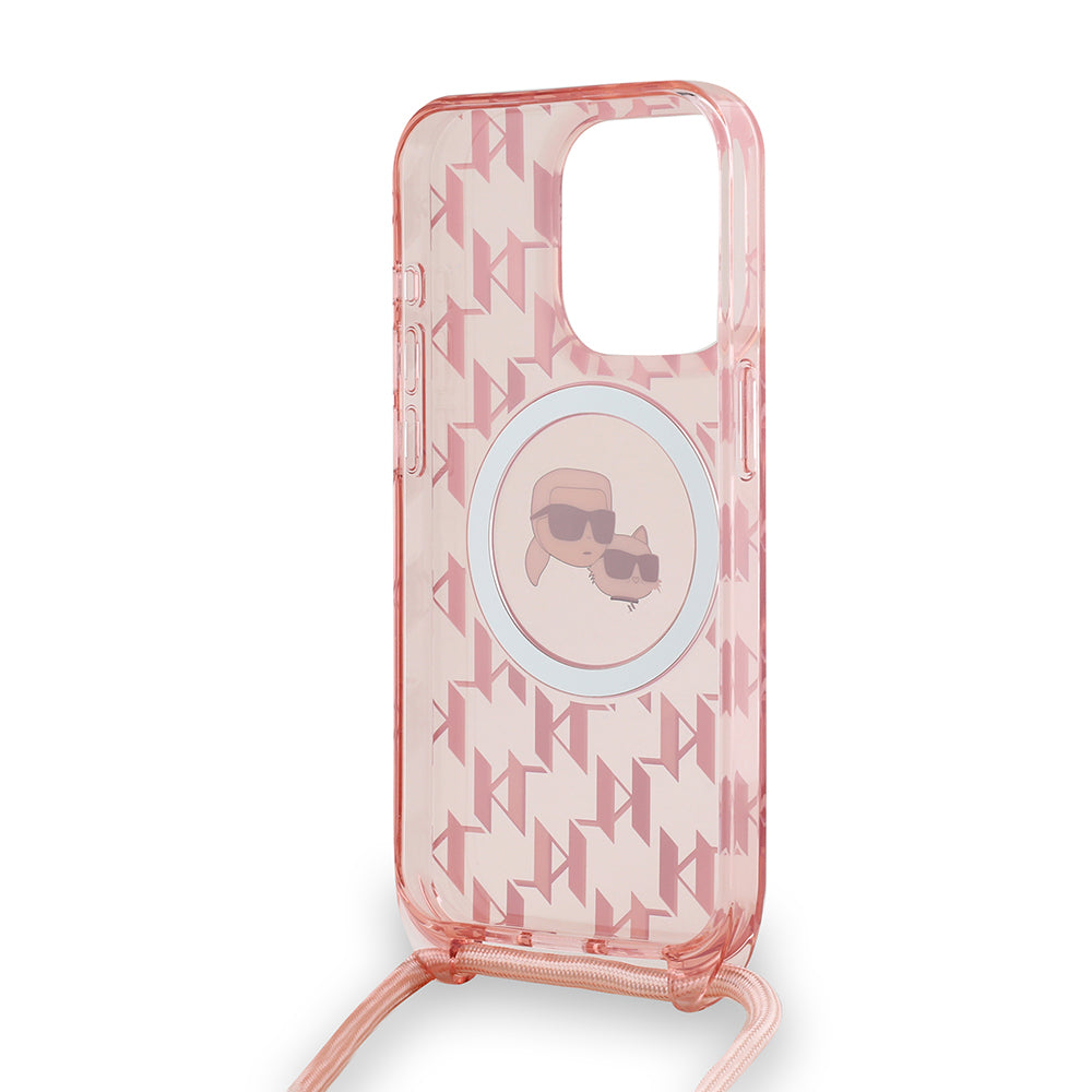 MagSafe hoesje voor Apple iPhone 15 Pro, Karl Lagerfeld, IML Crossbody Monogram Karl & Choupette's Heads, Roze