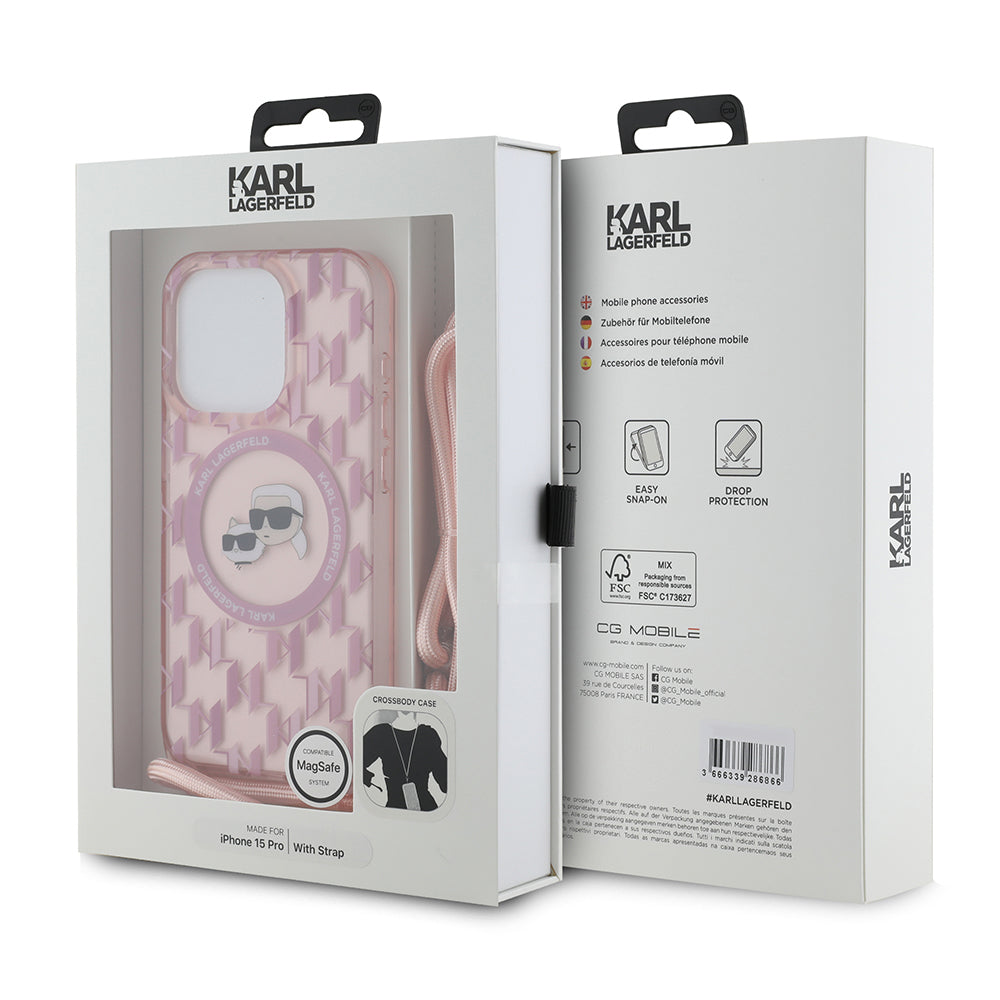 MagSafe hoesje voor Apple iPhone 15 Pro, Karl Lagerfeld, IML Crossbody Monogram Karl & Choupette's Heads, Roze