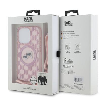 MagSafe hoesje voor Apple iPhone 15 Pro, Karl Lagerfeld, IML Crossbody Monogram Karl & Choupette's Heads, Roze