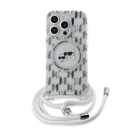 MagSafe hoes voor Apple iPhone 15 Pro, Karl Lagerfeld, IML Crossbody Monogram Karl & Choupette's Heads, Transparant