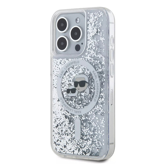 MagSafe hoes voor Apple iPhone 15 Pro, Karl Lagerfeld, Liquid Glitter Karl & Choupette's Heads, Transparant