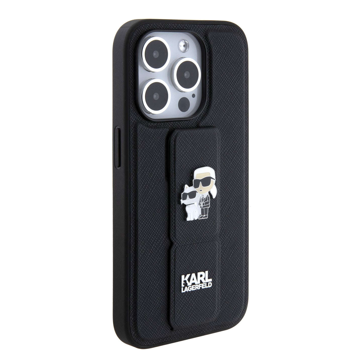 MagSafe hoes voor Apple iPhone 15 Pro, Karl Lagerfeld, Saffiano Gripstand Karl & Choupette, Zwart