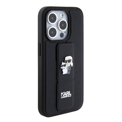 MagSafe hoes voor Apple iPhone 15 Pro, Karl Lagerfeld, Saffiano Gripstand Karl & Choupette, Zwart