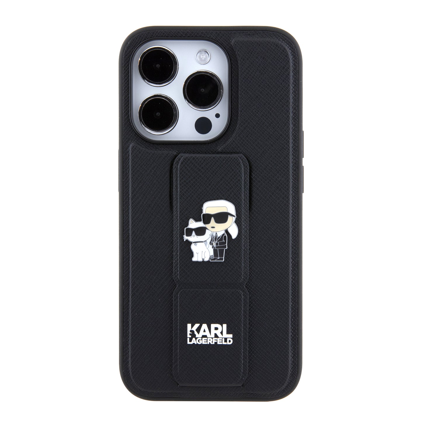 MagSafe hoes voor Apple iPhone 15 Pro, Karl Lagerfeld, Saffiano Gripstand Karl & Choupette, Zwart
