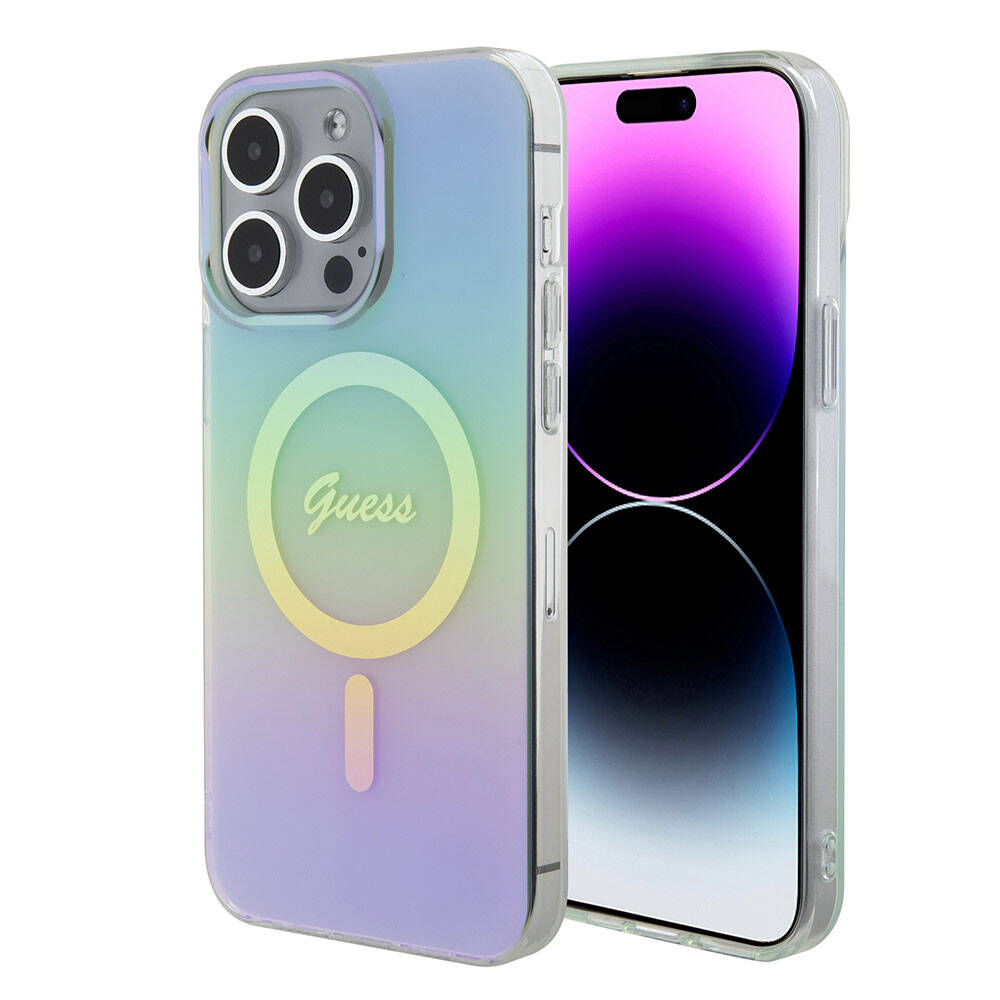 MagSafe hoesje voor Apple iPhone 15 Pro Max, Guess, IML Iridescent, Turquoise