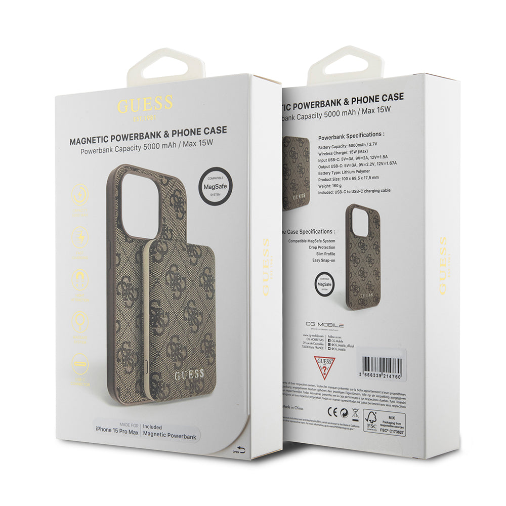 MagSafe hoesje voor Apple iPhone 15 Pro Max, Guess, Powerbank 4G Metal Logo, Bruin
