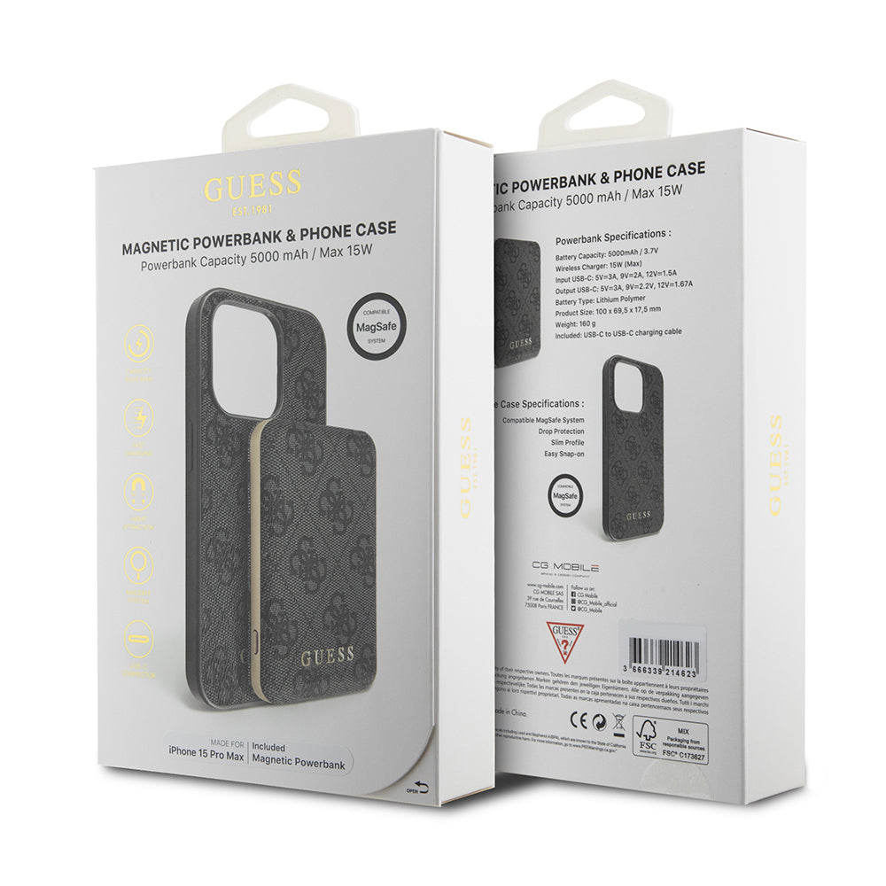 MagSafe hoesje voor Apple iPhone 15 Pro Max, Guess, Powerbank 4G Metal Logo, Zwart