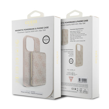 MagSafe hoesje voor Apple iPhone 15 Pro Max, Guess, Powerbank 4G Metal Logo, Roze