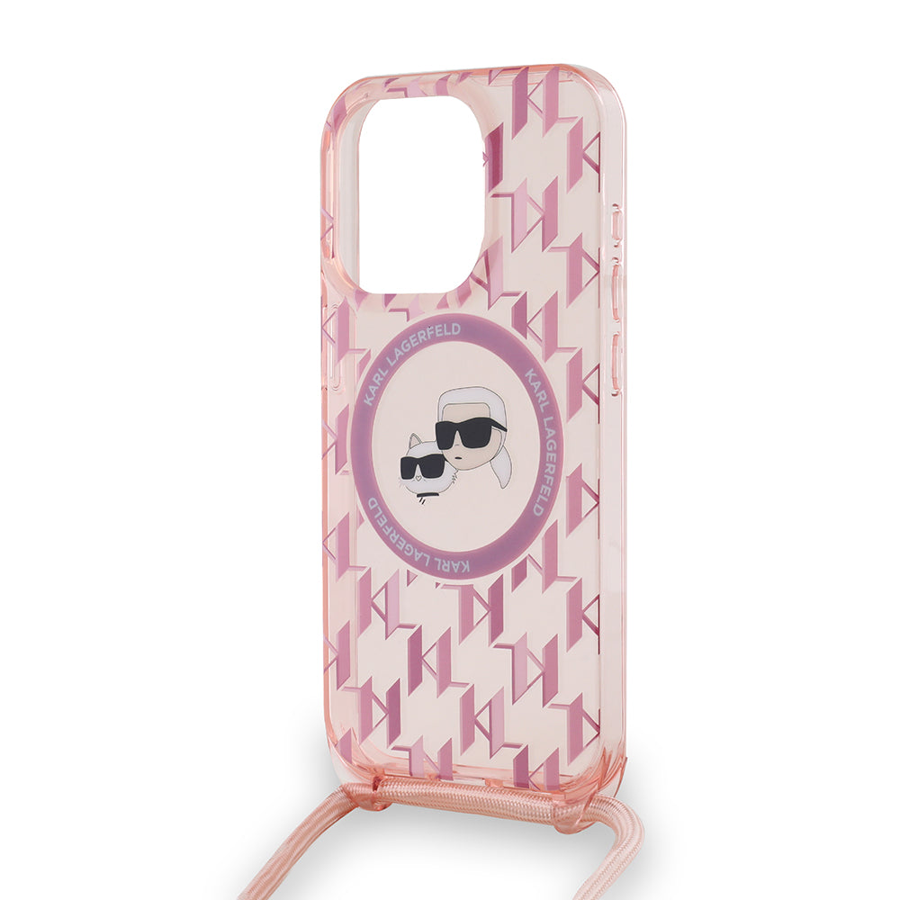 MagSafe hoes voor Apple iPhone 15 Pro Max, Karl Lagerfeld, IML Crossbody Monogram Karl & Choupette's Heads, Roze