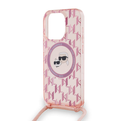 MagSafe hoes voor Apple iPhone 15 Pro Max, Karl Lagerfeld, IML Crossbody Monogram Karl & Choupette's Heads, Roze