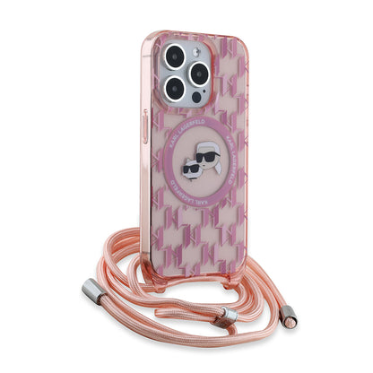 MagSafe hoes voor Apple iPhone 15 Pro Max, Karl Lagerfeld, IML Crossbody Monogram Karl & Choupette's Heads, Roze
