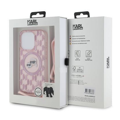 MagSafe hoes voor Apple iPhone 15 Pro Max, Karl Lagerfeld, IML Crossbody Monogram Karl & Choupette's Heads, Roze