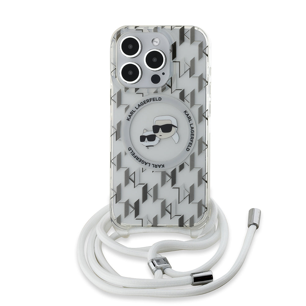 MagSafe hoesje voor Apple iPhone 15 Pro Max, Karl Lagerfeld, IML Crossbody Monogram Karl & Choupette's Heads, Transparant