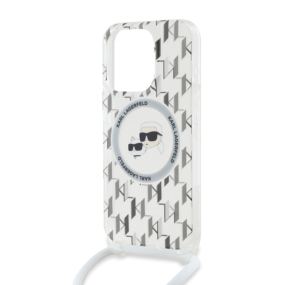 MagSafe hoesje voor Apple iPhone 15 Pro Max, Karl Lagerfeld, IML Crossbody Monogram Karl & Choupette's Heads, Transparant