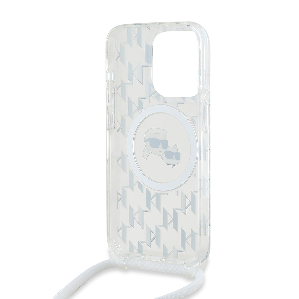 MagSafe hoesje voor Apple iPhone 15 Pro Max, Karl Lagerfeld, IML Crossbody Monogram Karl & Choupette's Heads, Transparant
