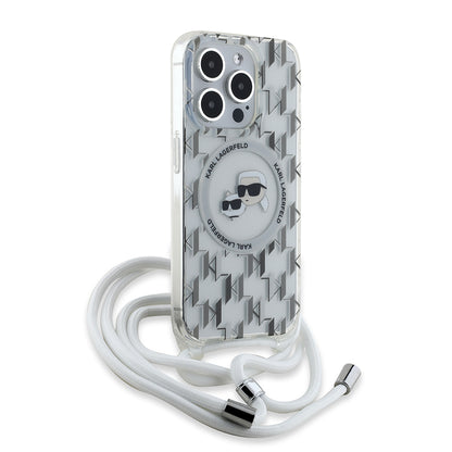 MagSafe hoesje voor Apple iPhone 15 Pro Max, Karl Lagerfeld, IML Crossbody Monogram Karl & Choupette's Heads, Transparant