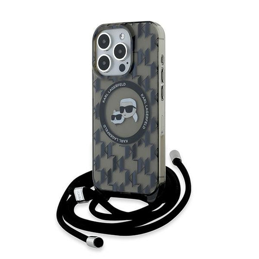 MagSafe hoes voor Apple iPhone 15 Pro Max, Karl Lagerfeld, IML Crossbody Monogram Karl & Choupette's Heads, Zwart
