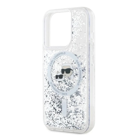 MagSafe hoes voor Apple iPhone 15 Pro Max, Karl Lagerfeld, Liquid Glitter Karl & Choupette's Heads, Transparant