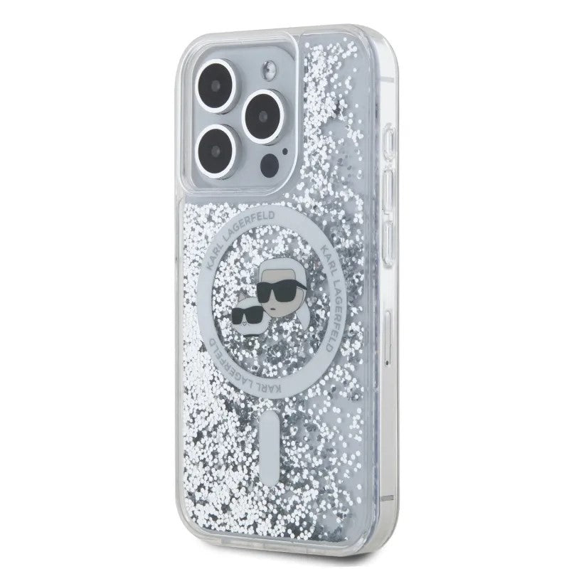 MagSafe Case for Apple iPhone 15 Pro Max, Karl Lagerfeld, Liquid Glitter Karl & Choupette's Heads, Transparent