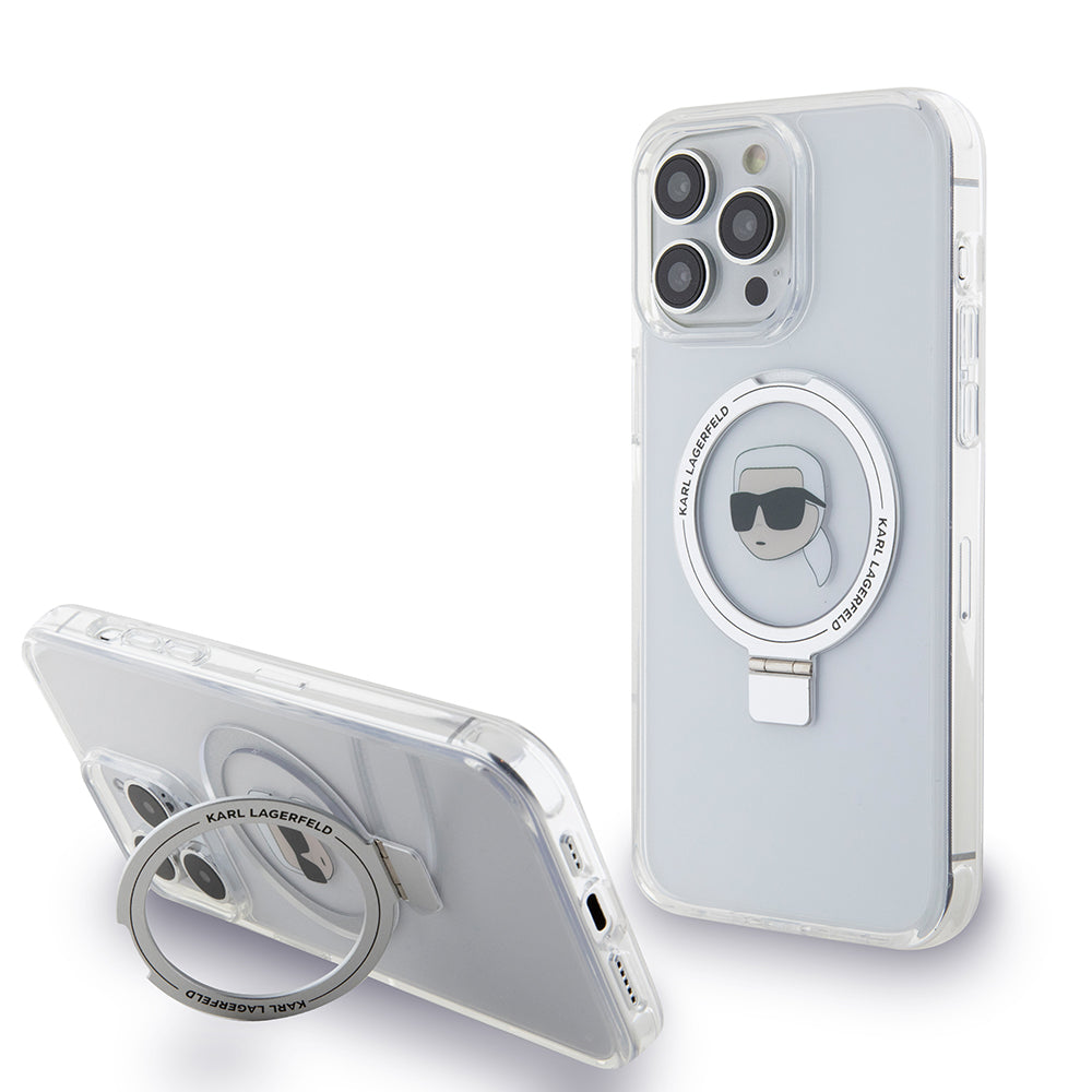 MagSafe hoes voor Apple iPhone 15 Pro Max, Karl Lagerfeld, Ring Stand Karl's Head, Wit