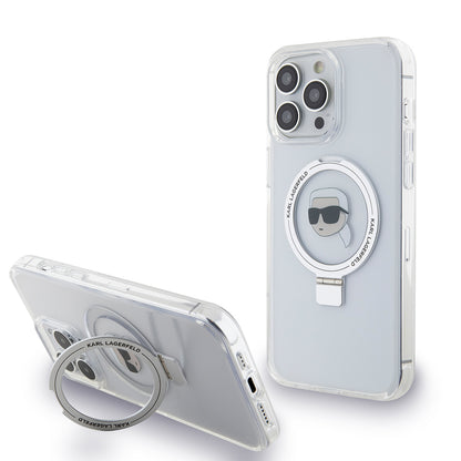 MagSafe hoes voor Apple iPhone 15 Pro Max, Karl Lagerfeld, Ring Stand Karl's Head, Wit