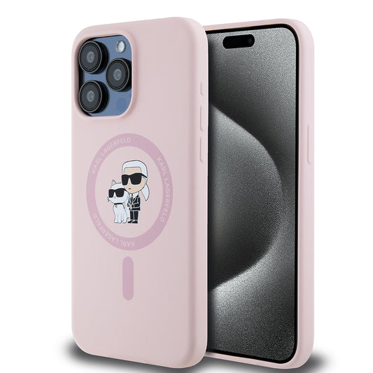MagSafe hoesje voor Apple iPhone 15 Pro Max, Karl Lagerfeld, Silicone Ring Karl & Choupette, Roze