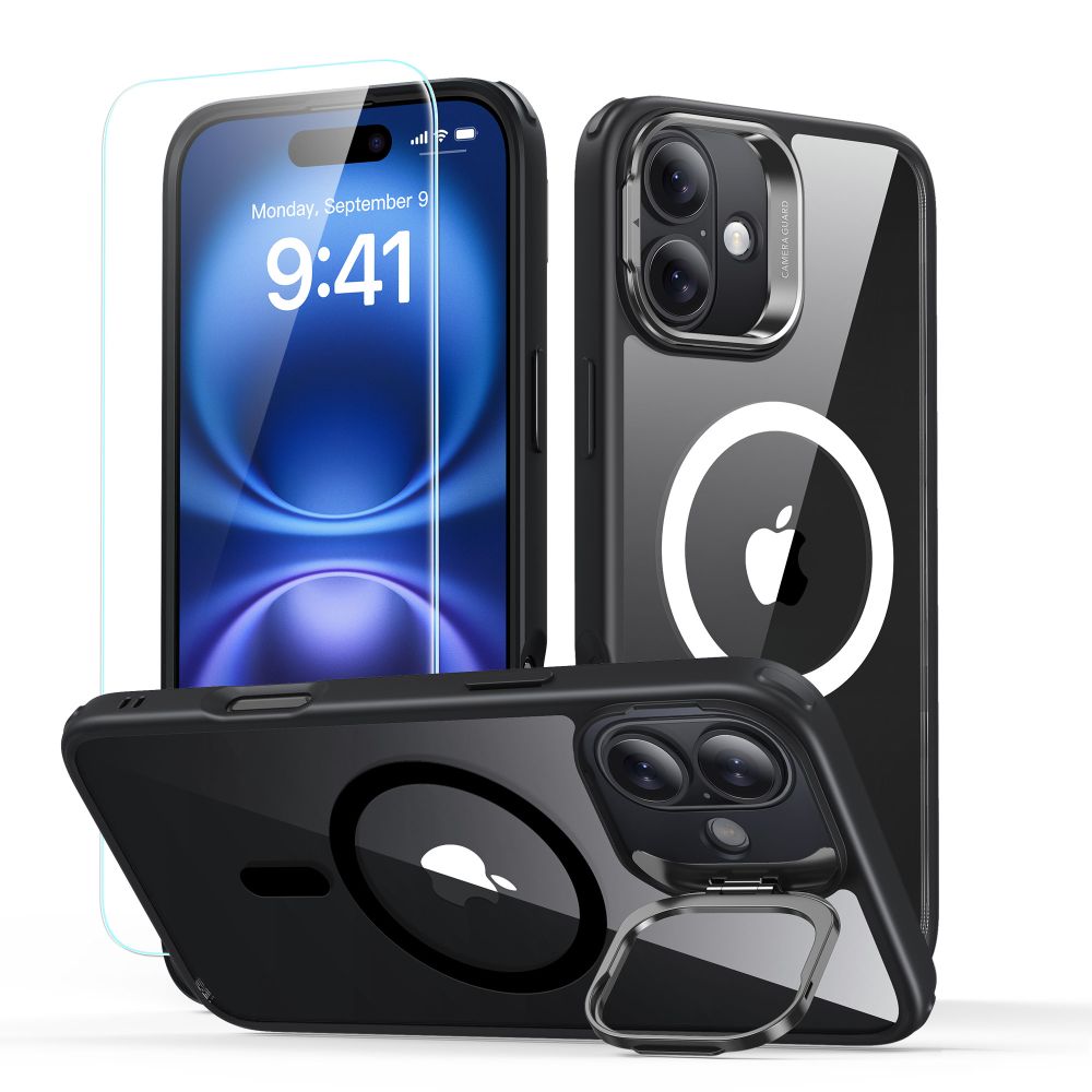 MagSafe hoesje voor Apple iPhone 16, ESR, Classic Hybrid Kickstand met schermbeschermer, Transparant Zwart