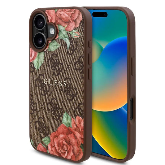 MagSafe hoesje voor Apple iPhone 16, Guess, 4G Flowers Print, Bruin