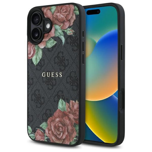 MagSafe hoesje voor Apple iPhone 16, Guess, 4G Flowers Print, Zwart