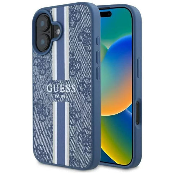 MagSafe hoesje voor Apple iPhone 16, Guess, 4G Printed Stripes, Blauw