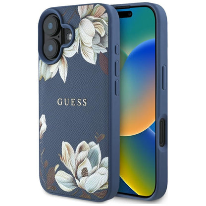 MagSafe hoes voor Apple iPhone 16, Guess, Grained Flowers, Blauw