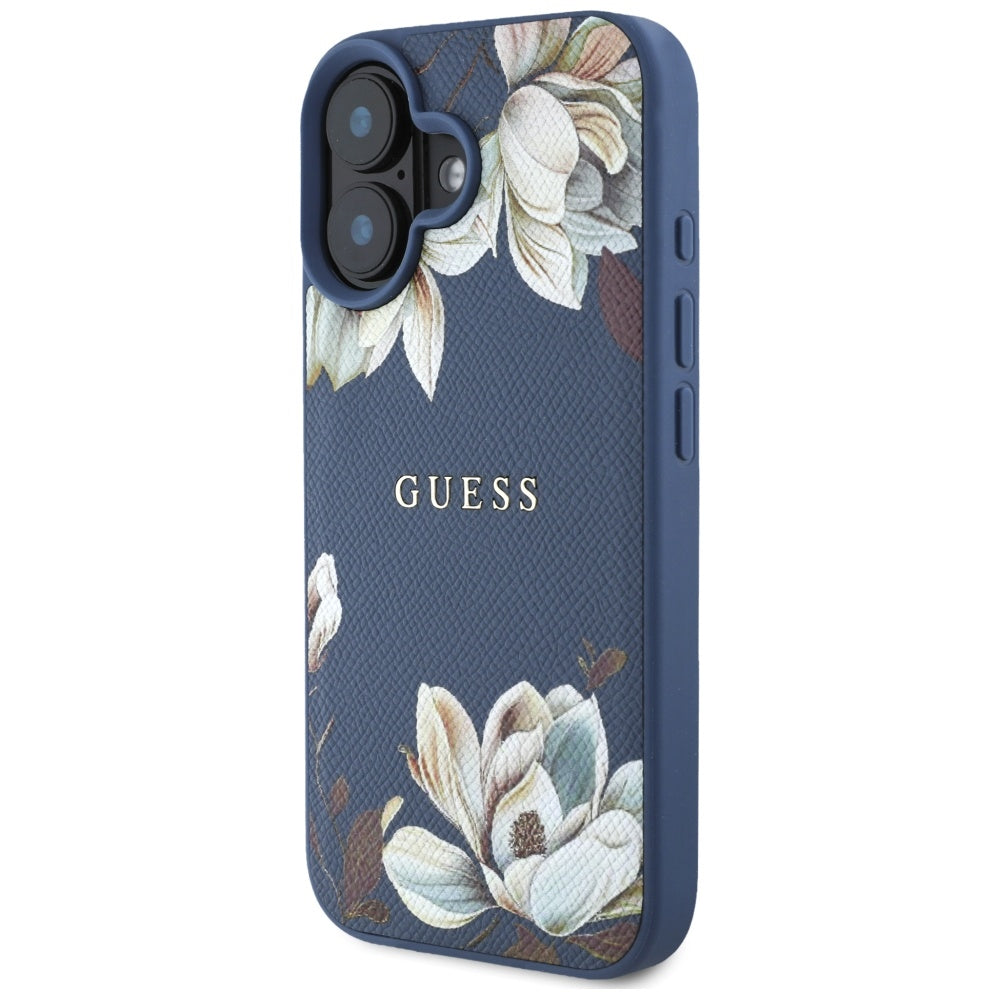MagSafe hoes voor Apple iPhone 16, Guess, Grained Flowers, Blauw