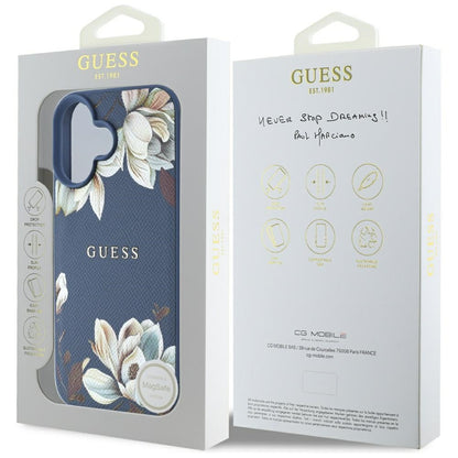 MagSafe hoes voor Apple iPhone 16, Guess, Grained Flowers, Blauw