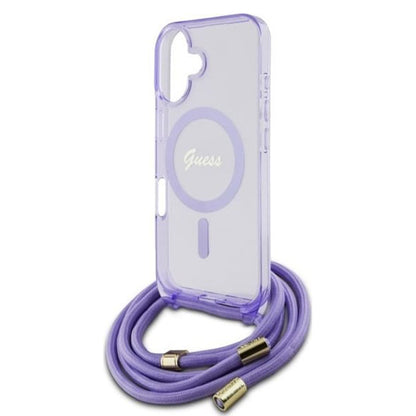 MagSafe hoesje voor Apple iPhone 16, Guess, IML Crossbody Cord Script, Paars