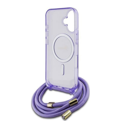 MagSafe hoesje voor Apple iPhone 16, Guess, IML Crossbody Cord Script, Paars