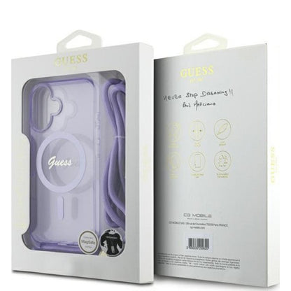 MagSafe hoesje voor Apple iPhone 16, Guess, IML Crossbody Cord Script, Paars