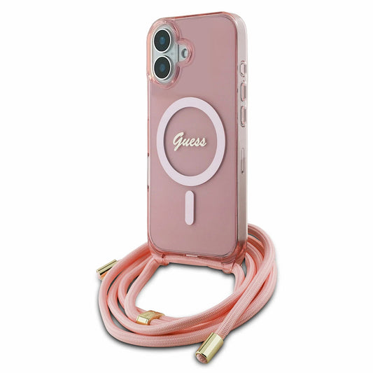 MagSafe hoesje voor Apple iPhone 16, Guess, IML Crossbody Cord Script, Roze