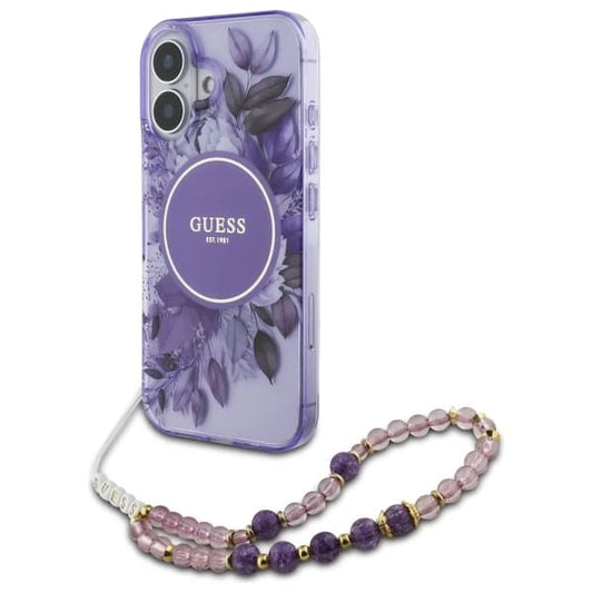 MagSafe hoesje voor Apple iPhone 16, Guess, IML Flowers with Pearl Strap, Paars