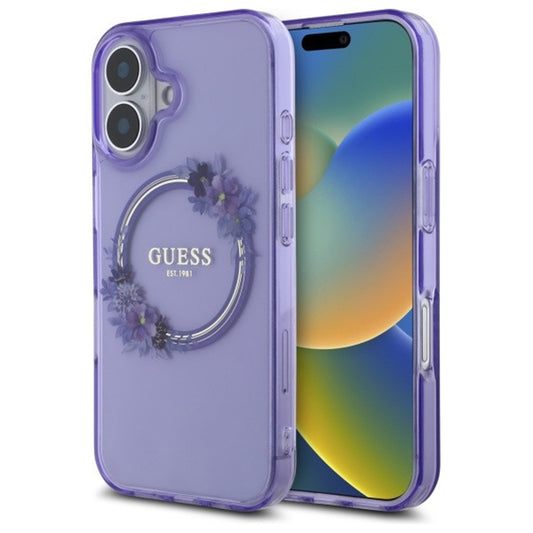 MagSafe hoesje voor Apple iPhone 16, Guess, IML Flowers Wreath, Paars