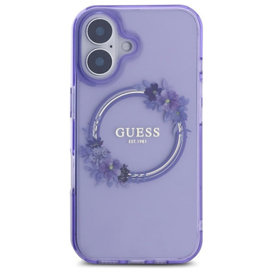 MagSafe hoesje voor Apple iPhone 16, Guess, IML Flowers Wreath, Paars