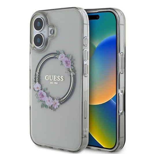 MagSafe hoes voor Apple iPhone 16, Guess, IML Flowers Wreath, Zwart