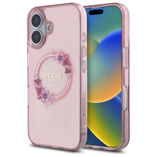 MagSafe hoesje voor Apple iPhone 16, Guess, IML Flowers Wreath, Roze