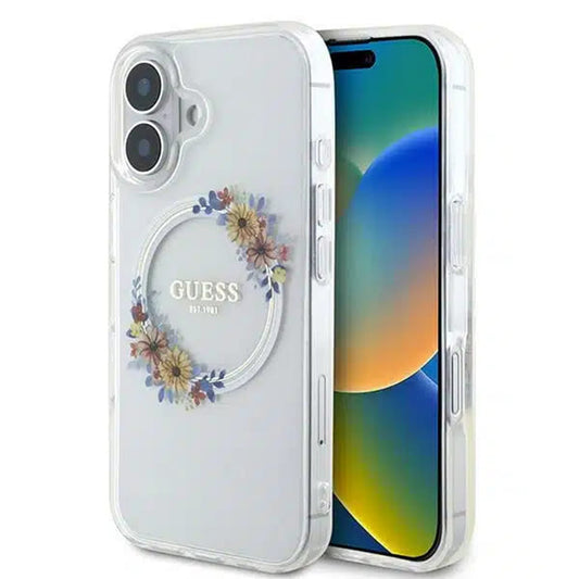 MagSafe hoesje voor Apple iPhone 16, Guess, IML Flowers Wreath, Transparant