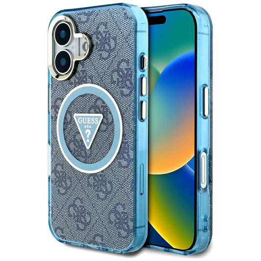MagSafe hoesje voor Apple iPhone 16, Guess, IML Glitter 4G Circle Triangle, Blauw
