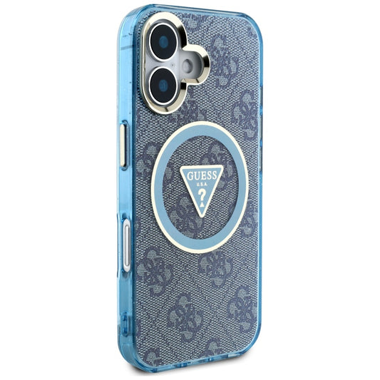 MagSafe hoesje voor Apple iPhone 16, Guess, IML Glitter 4G Circle Triangle, Blauw