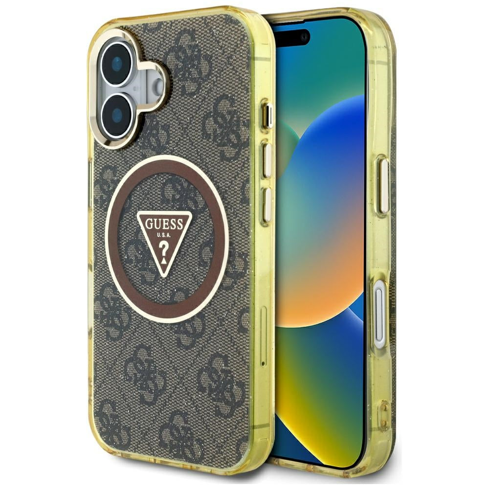 MagSafe hoesje voor Apple iPhone 16, Guess, IML Glitter 4G Circle Triangle, Bruin