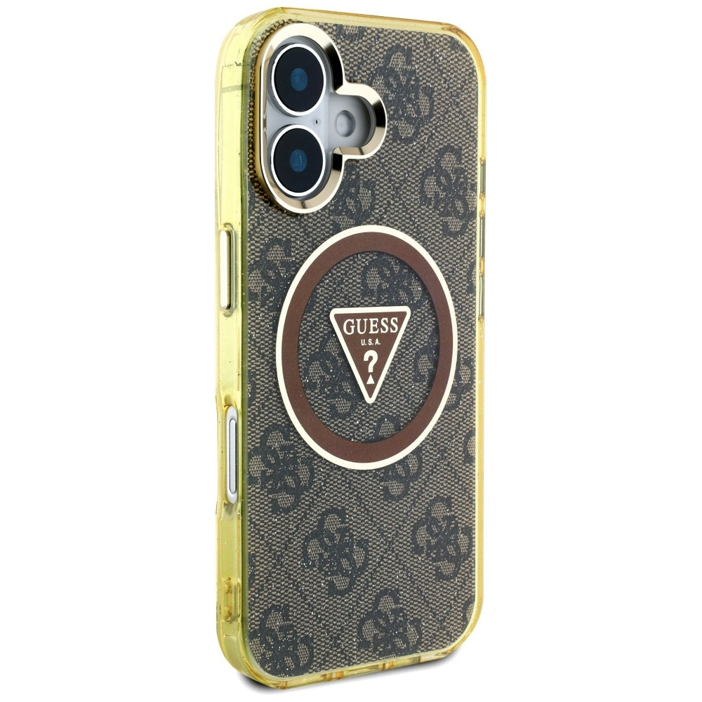 MagSafe hoesje voor Apple iPhone 16, Guess, IML Glitter 4G Circle Triangle, Bruin