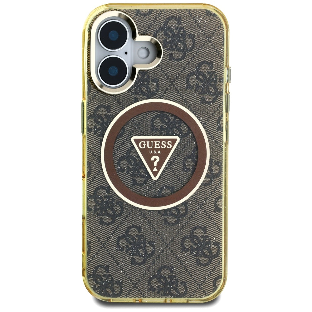 MagSafe hoesje voor Apple iPhone 16, Guess, IML Glitter 4G Circle Triangle, Bruin